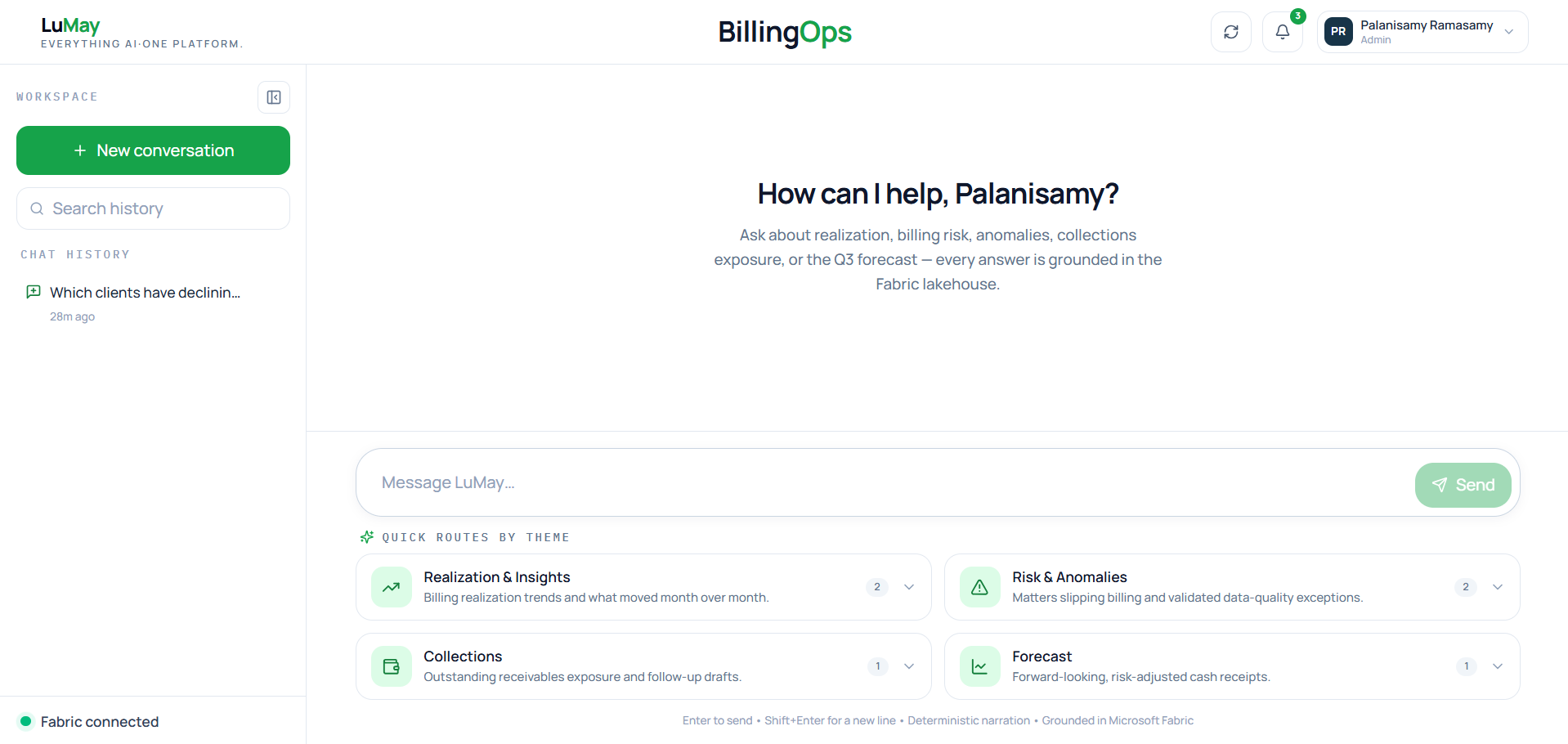 BillingOps workspace answering a plain-language billing question