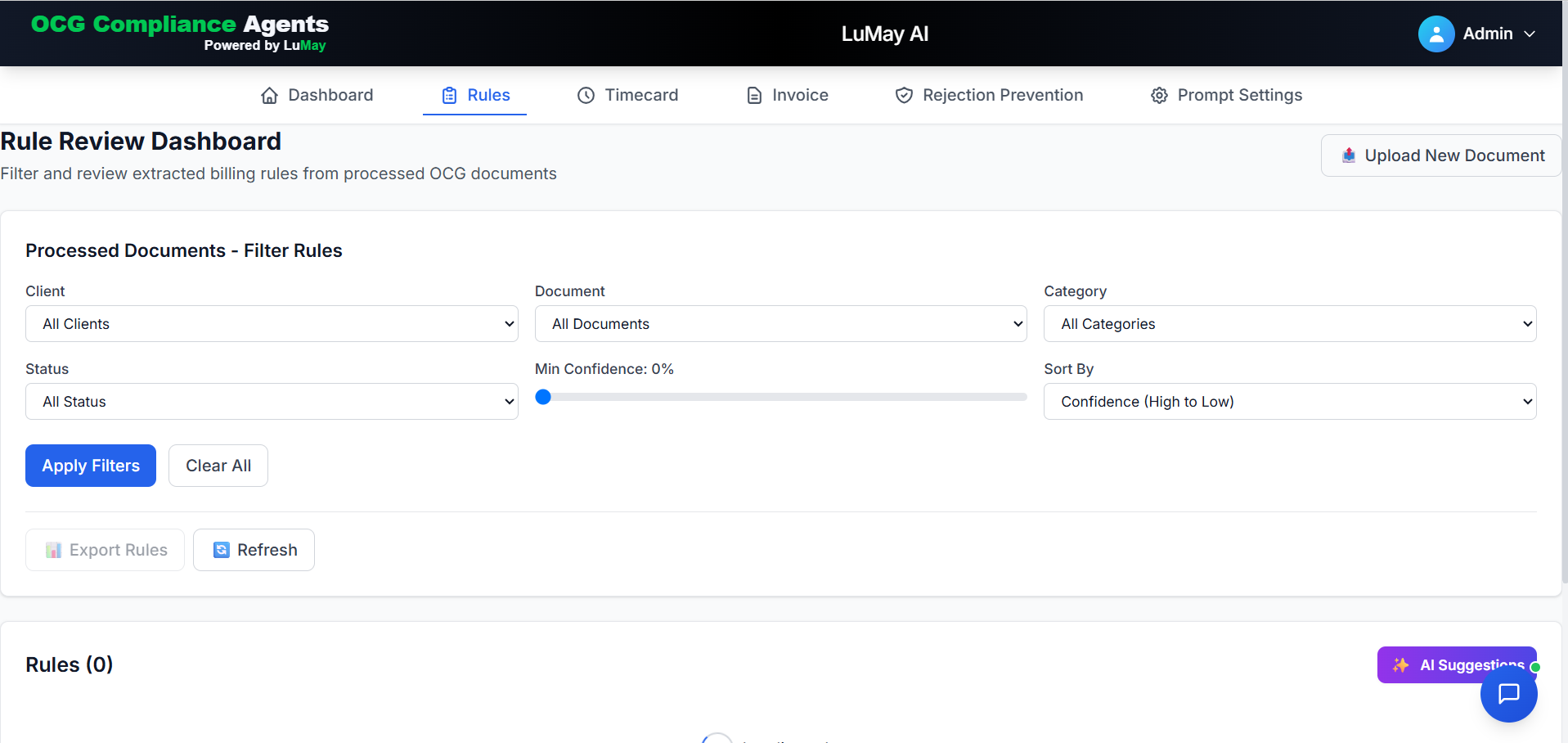 Rules list with category badges, rule summaries, confidence percentages, approved status, and view-details actions